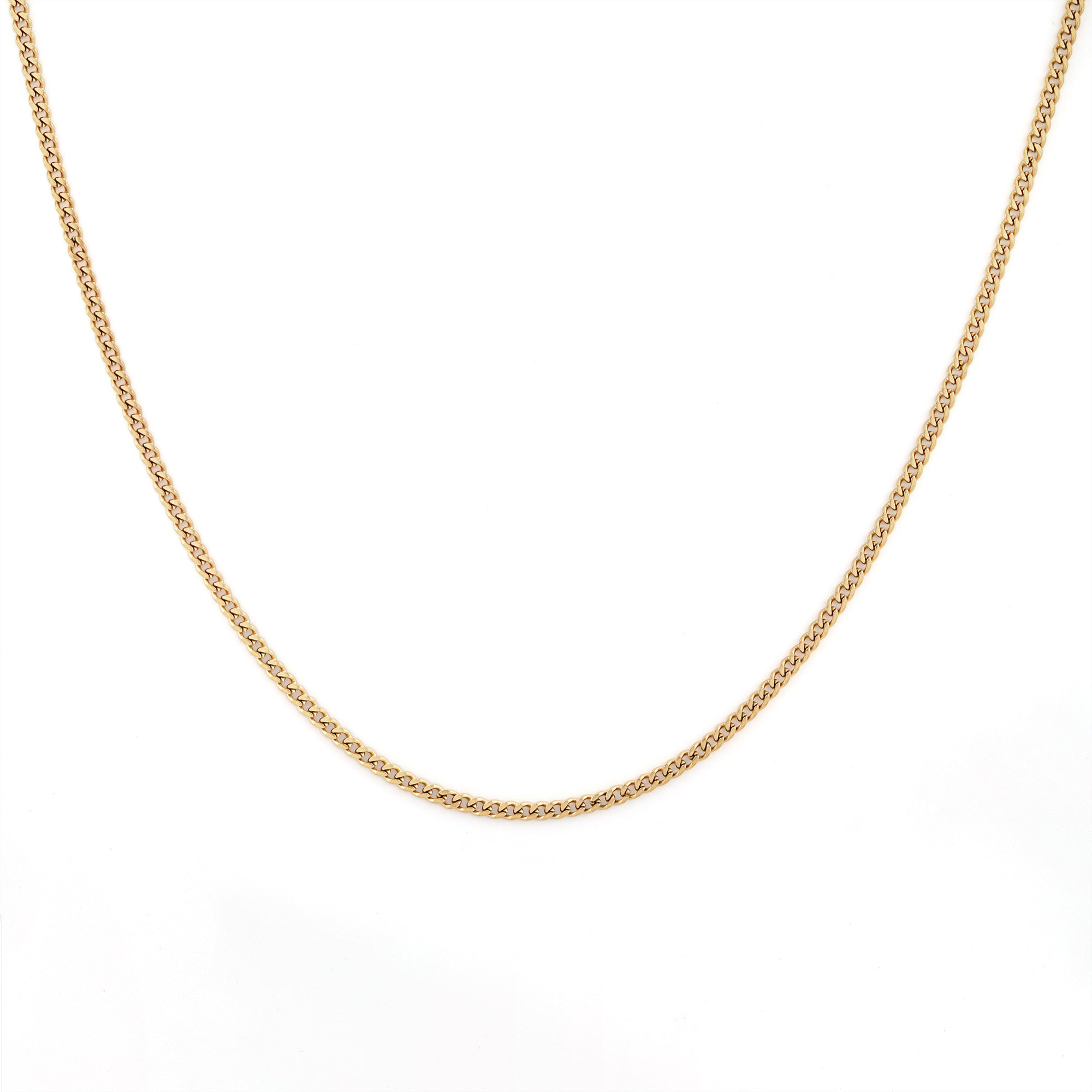 St-Laurent men's necklace by Five Jwlry, featuring a thin 3mm flat Cuban chain in 14k gold stainless steel. Hypoallergenic, waterproof, and backed by a 2-year warranty.