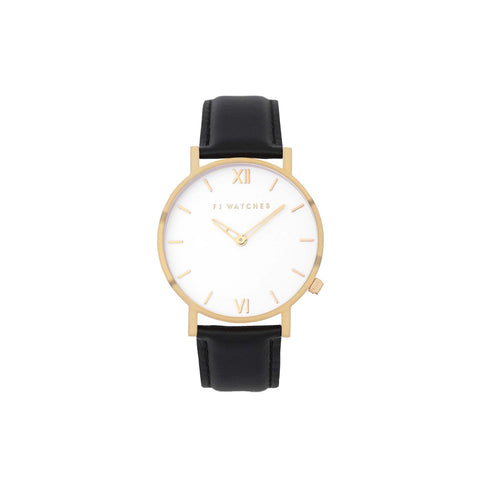 Discover Sunlight, a 36mm women's watch in gold and white signed Five Jwlry. This one is accompanied by black leather bracelet.