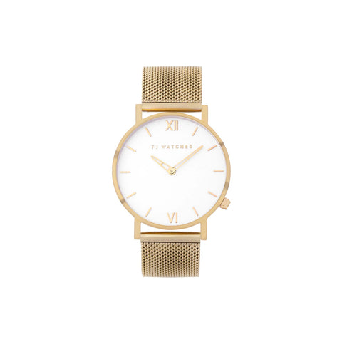 Discover Sunlight, a 36mm women's watch in gold and white signed Five Jwlry. This one is accompanied by a gold mesh bracelet.