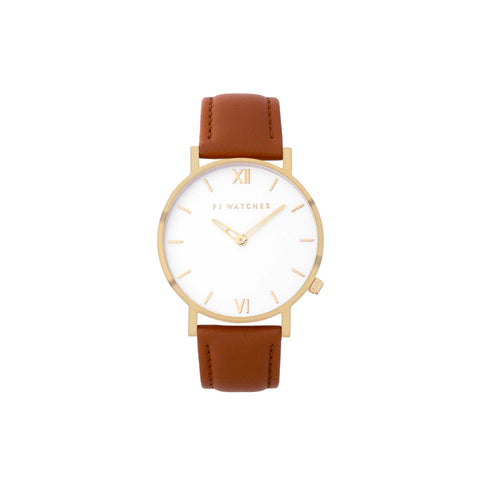 Discover Sunlight, a 36mm women's watch in gold and white signed Five Jwlry. This one is accompanied by tan leather bracelet.