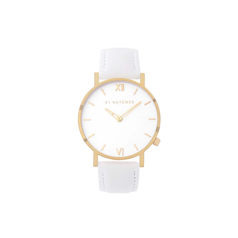 Discover Sunlight, a 36mm women's watch in gold and white signed Five Jwlry. This one is accompanied by white leather bracelet.