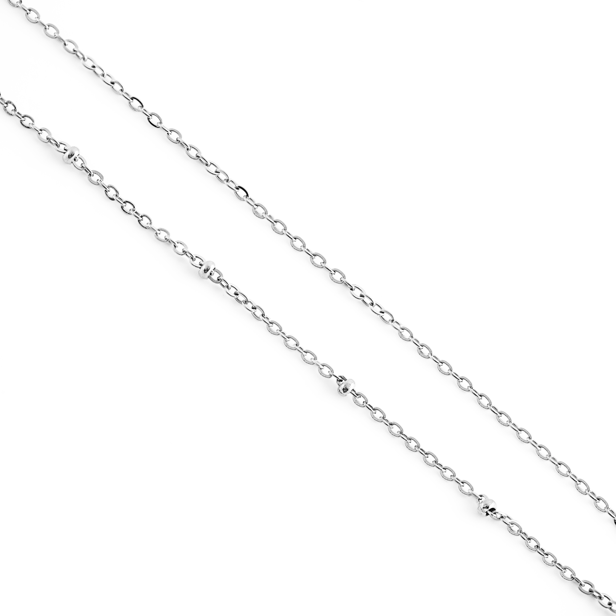 Tavira women's waist chain by Five Jwlry, featuring two layered chains: the first is a thin cable chain and the second is a thin cable chain adorned with a row of beads. Adjustable in size from 68cm to 86cm, in silver-colored, water-resistant 316L stainless steel. Hypoallergenic with a 2-year warranty.