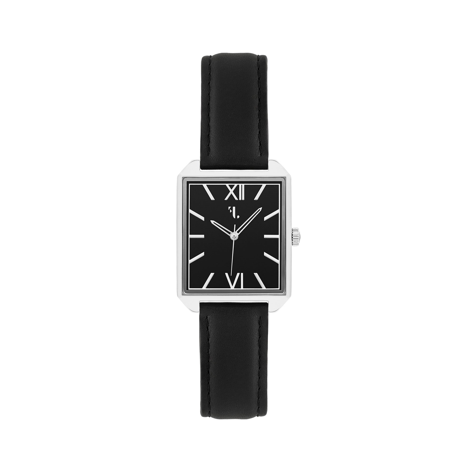 Discover a unique and modern men's watch from Five Jwlry designed in Montreal. This square-shaped watch with a sleek dial is accompanied by a black leather strap. It is equipped with a silver case and hands with a black dial. It is designed with the greatest care with a quartz mechanism and it has a water resistance of 5ATM.