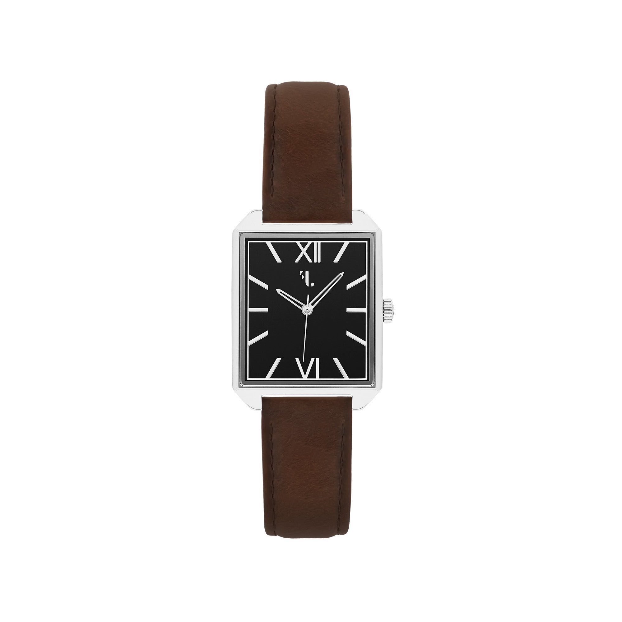 Discover a unique and modern men's watch from Five Jwlry designed in Montreal. This square-shaped watch with a sleek dial is accompanied by a brown leather strap. It is equipped with a silver case and hands with a black dial. It is designed with the greatest care with a quartz mechanism and it has a water resistance of 5ATM.