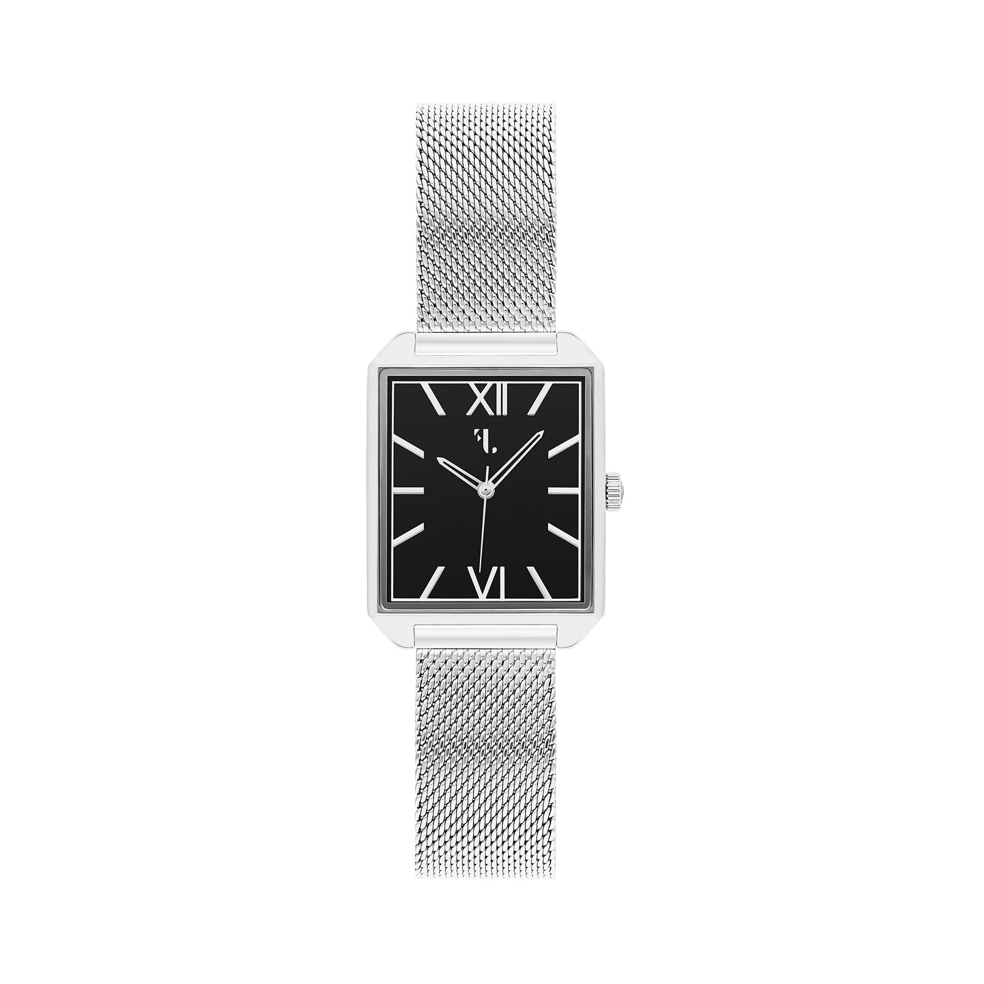 Uccle watch with mesh band from Five Jwlry. It is made of a square silver case and a black dial. It is the ideal watch for a man, with its three hands, its quartz mechanism, its water resistance and its 2 year warranty.
