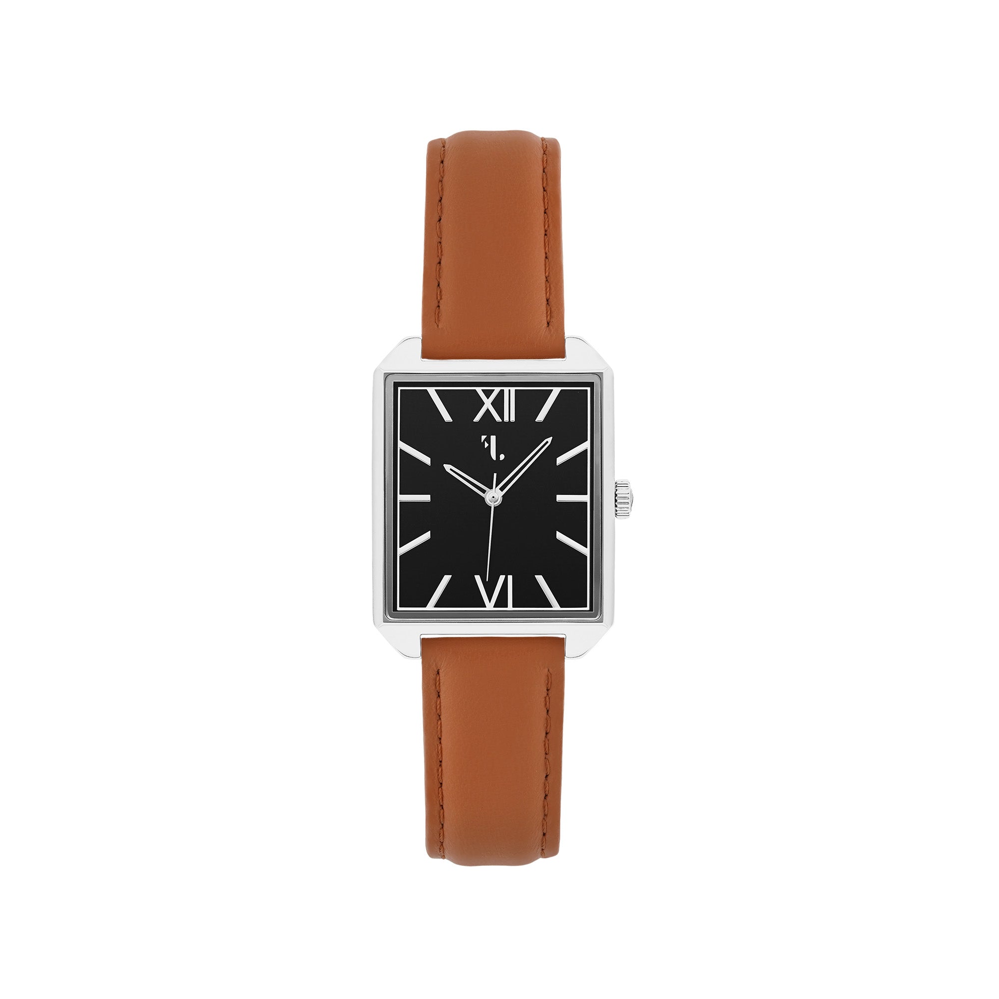 Discover a unique and modern men's watch from Five Jwlry designed in Montreal. This square-shaped watch with a sleek dial is accompanied by a tan leather strap. It is equipped with a silver case and hands with a black dial. It is designed with the greatest care with a quartz mechanism and it has a water resistance of 5ATM.