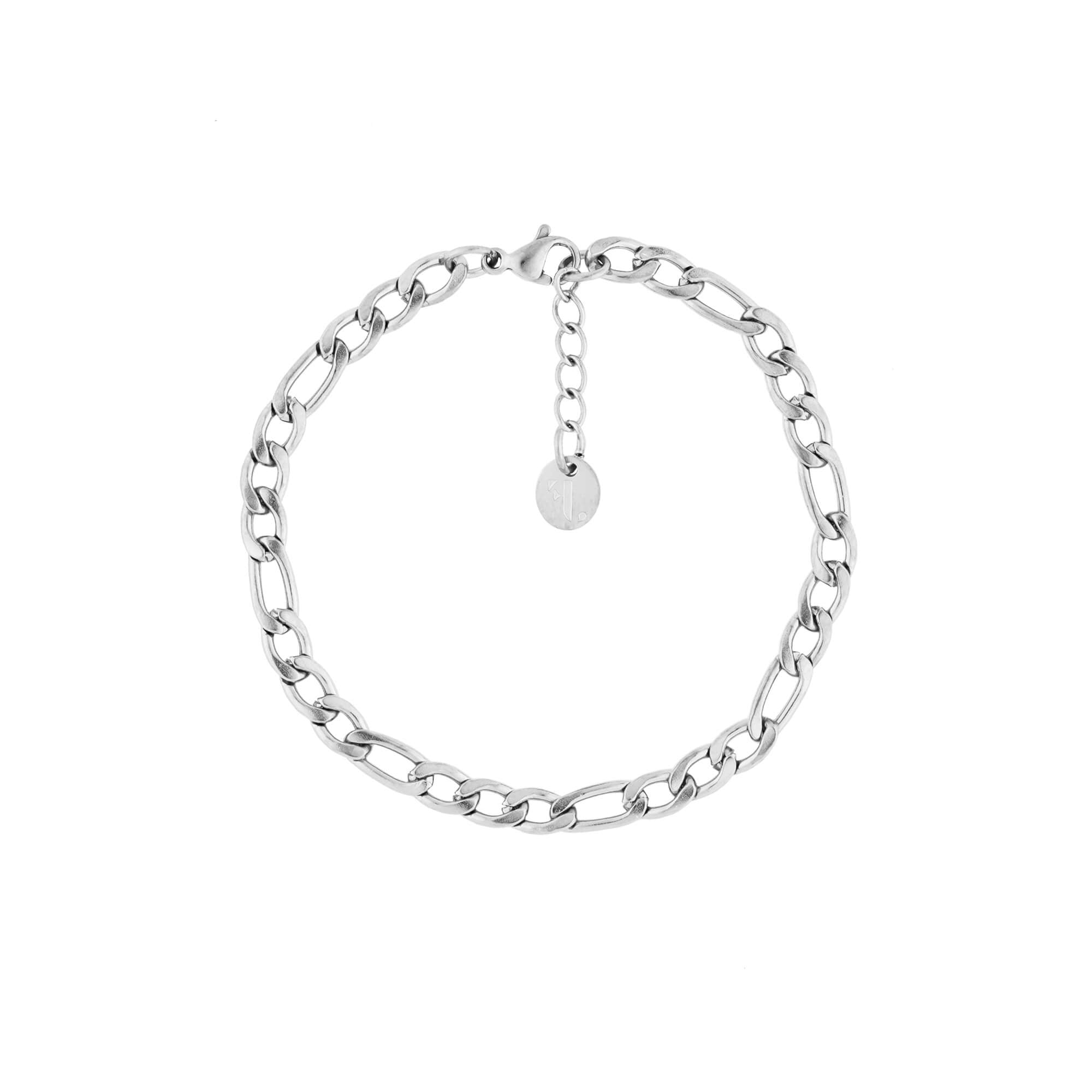 Valencia women's bracelet by Five Jwlry, crafted from a 4mm figaro chain in silver-colored, water-resistant 316L stainless steel. Available in size 16cm with a 4cm extension. Hypoallergenic with a 2-year warranty.