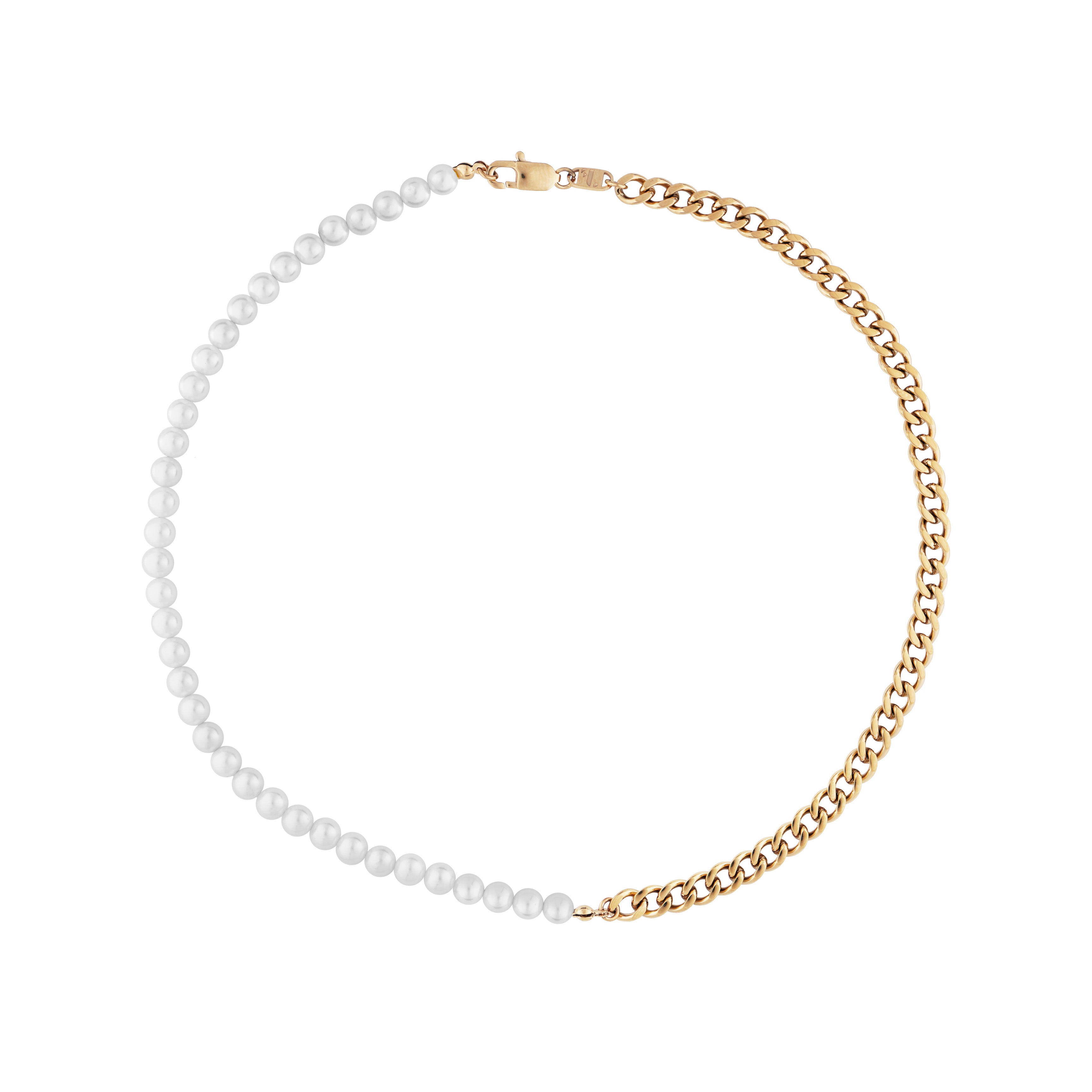 Volga men's necklace by Five Jwlry, uniquely crafted with a combination of half gold Cuban chain and half white pearls, measuring 50cm in length. Made from water-resistant 316L stainless steel. Hypoallergenic with a 2-year warranty.
