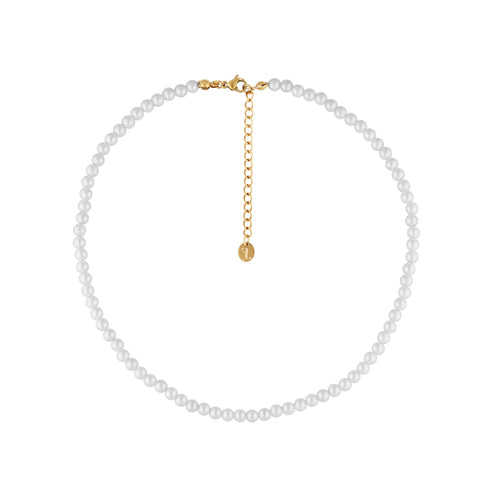 Baby Var women's necklace by Five Jwlry, designed with 4mm white glass bead pearls complemented by a gold stainless steel buckle. Adjustable in size from 37cm to 42cm with a 5cm extension. Crafted from water-resistant 316L stainless steel. Hypoallergenic with a 2-year warranty