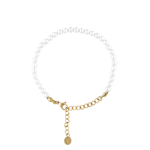 Baby Var women's bracelet by Five Jwlry, designed with 4mm white glass bead pearls complemented by a gold stainless steel buckle. Adjustable in size from 16cm to 20cm with a 4cm extension. Crafted from water-resistant 316L stainless steel. Hypoallergenic with a 2-year warranty