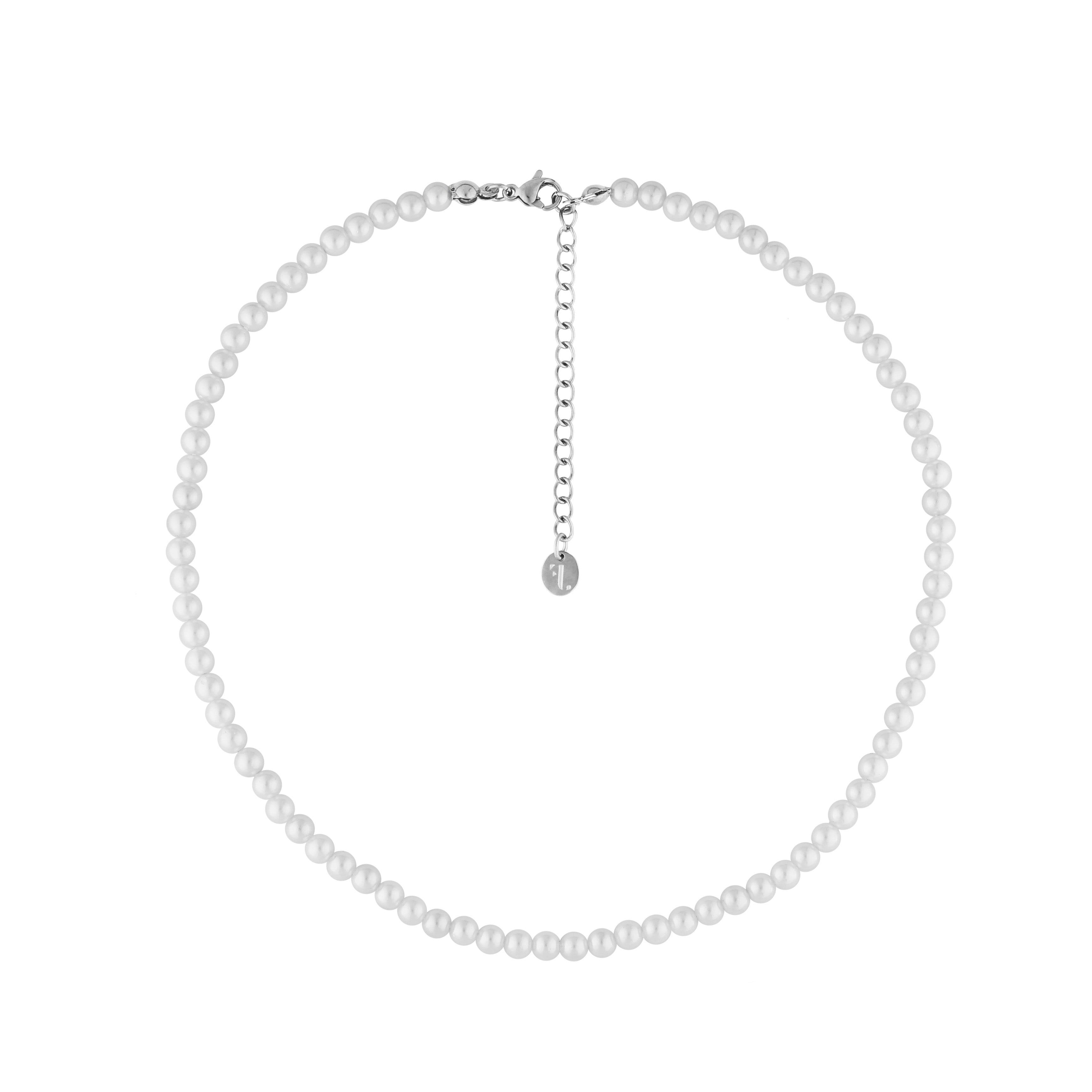 FJ Watches five jwlry bijou jewel jewelry Baby var necklace collier white beads pearls small perle bille petite blanche verre 4mm 37cm 5cm extension adjustable ajustable argent silver closure women femme glass water eau resiste resistant montreal canada design