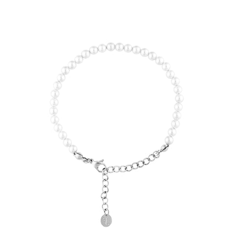 Baby Var women's bracelet by Five Jwlry, designed with 4mm white glass bead pearls complemented by a silver stainless steel buckle. Adjustable in size from 16cm to 20cm with a 4cm extension. Crafted from water-resistant 316L stainless steel. Hypoallergenic with a 2-year warranty