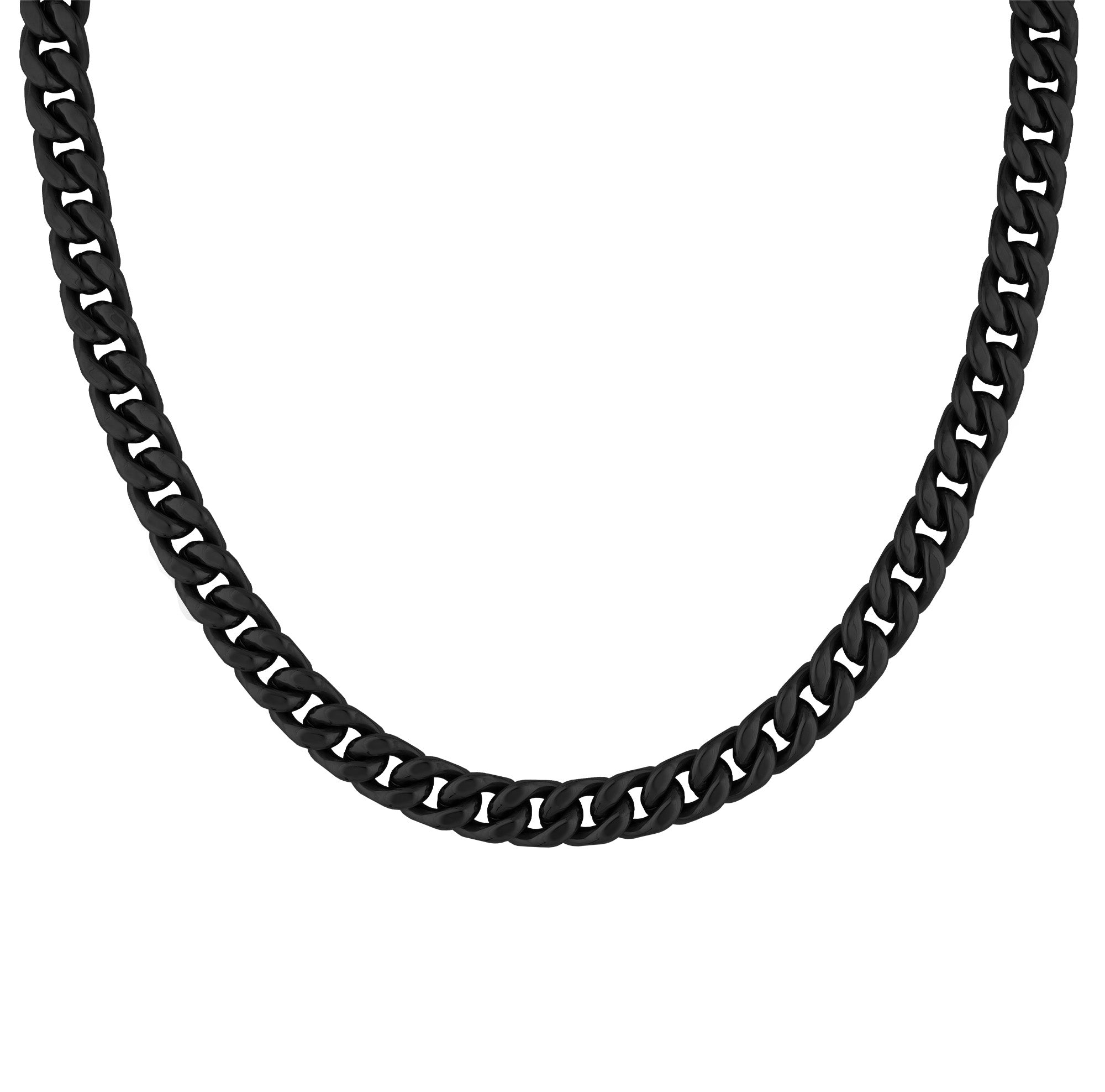 Cass men's necklace by Five Jwlry, designed with a 10mm tightly woven Cuban link chain in a black hue, crafted from water-resistant 316L stainless steel. Available in sizes 40cm, 45cm, 50cm, 55cm and 60cm. Hypoallergenic and accompanied by a 2-year warranty.