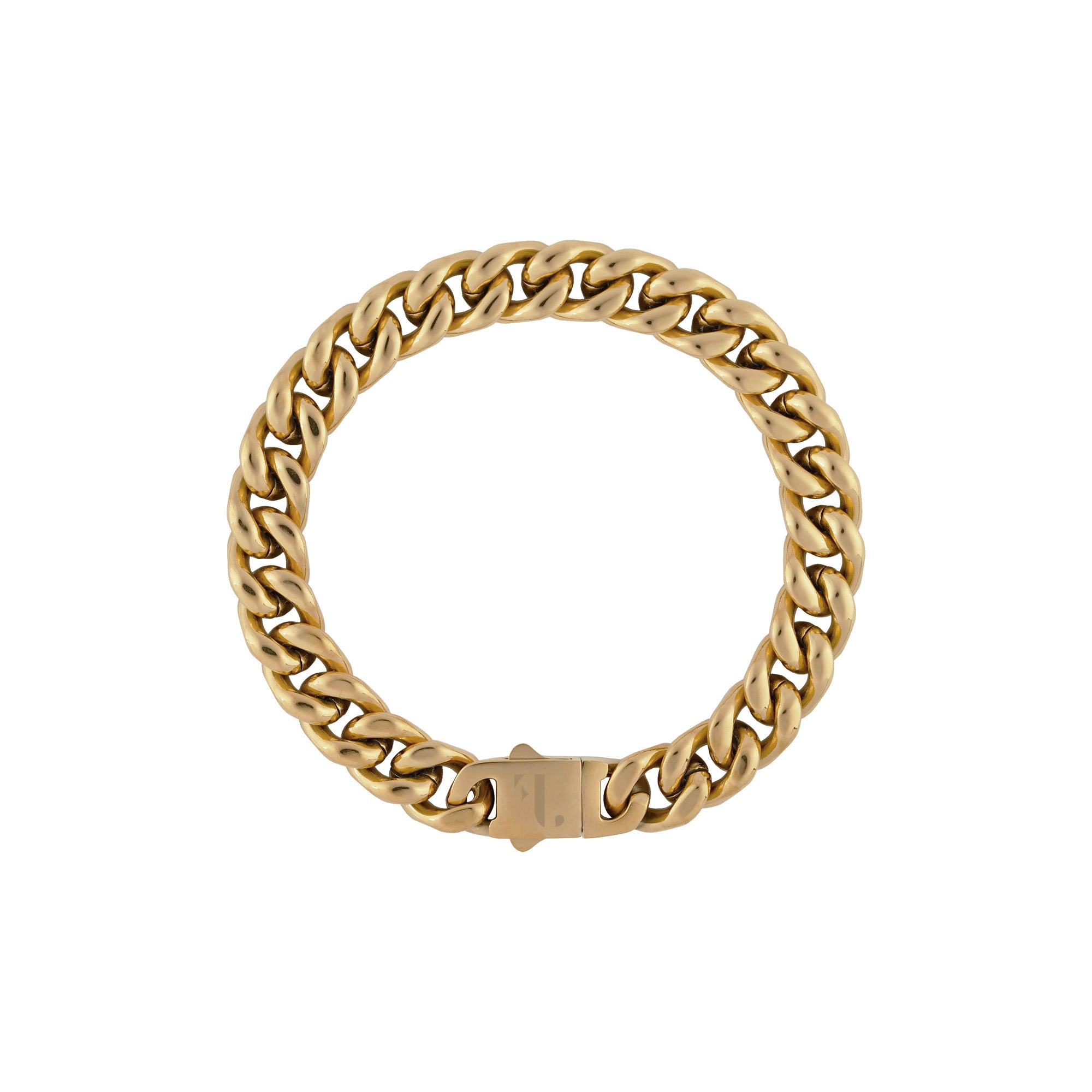 Cass men's bracelet by Five Jwlry, designed with a 10mm tightly woven Cuban link chain in a gold hue, crafted from water-resistant 316L stainless steel. Available in sizes 18cm, 20cm, 22cm, and 24cm. Hypoallergenic and accompanied by a 2-year warranty.
