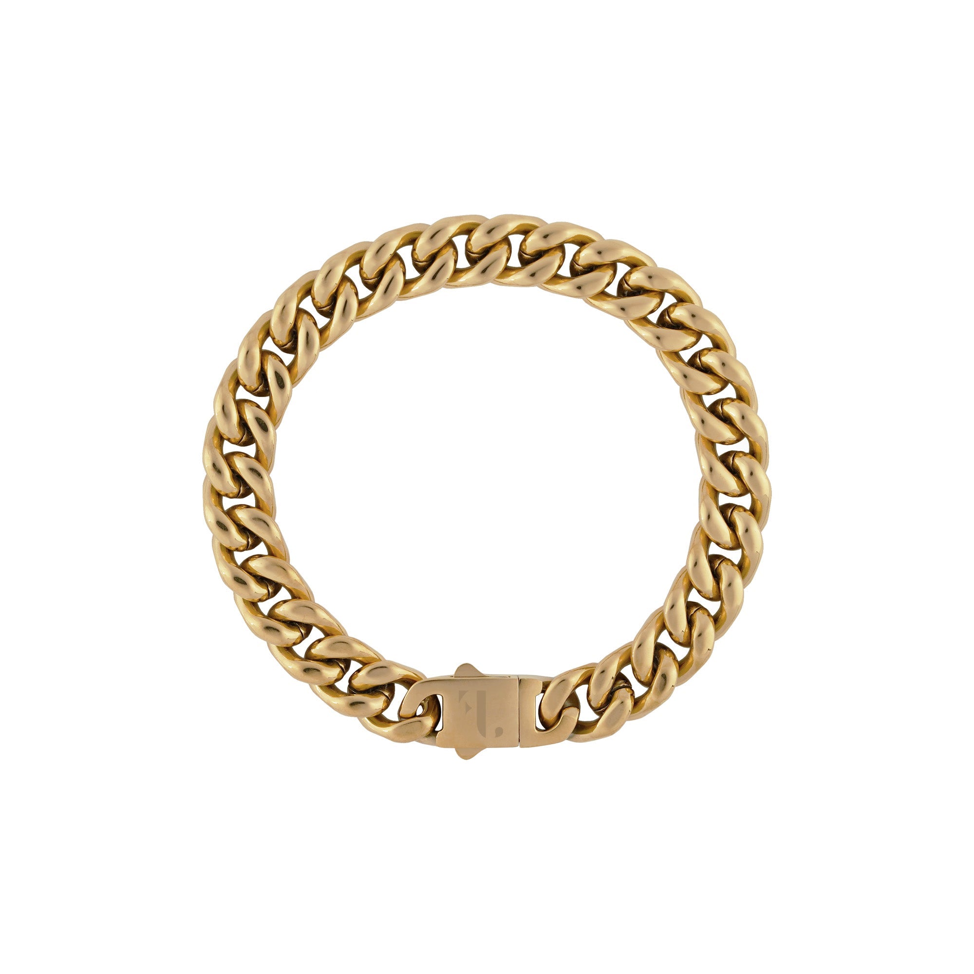 Cass women's bracelet by Five Jwlry, designed with a 10mm tightly woven Cuban link chain in a gold hue, crafted from water-resistant 316L stainless steel. Available in sizes 18cm, 20cm, 22cm, and 24cm. Hypoallergenic and accompanied by a 2-year warranty.