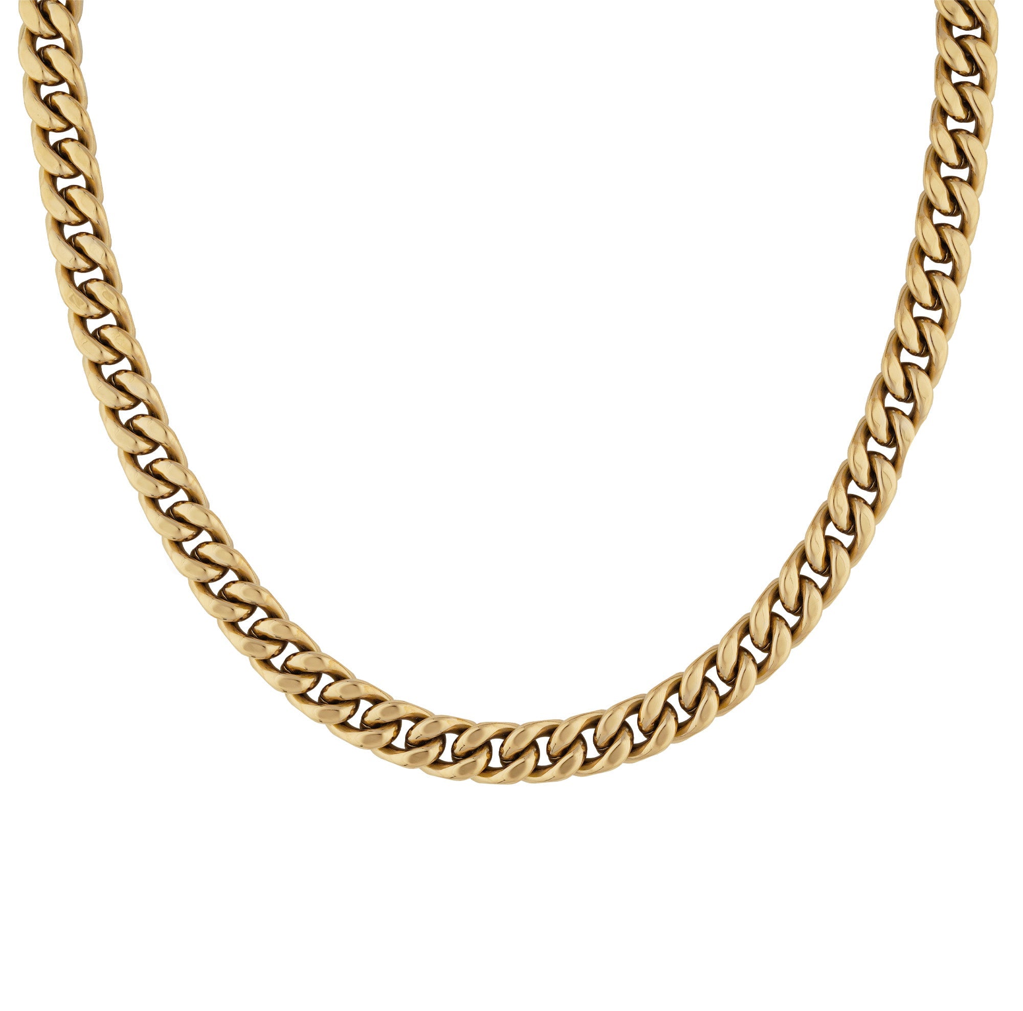 Cass women's necklace by Five Jwlry, designed with a 10mm tightly woven Cuban link chain in a gold hue, crafted from water-resistant 316L stainless steel. Available in sizes 40cm, 45cm and 50cm. Hypoallergenic and accompanied by a 2-year warranty.