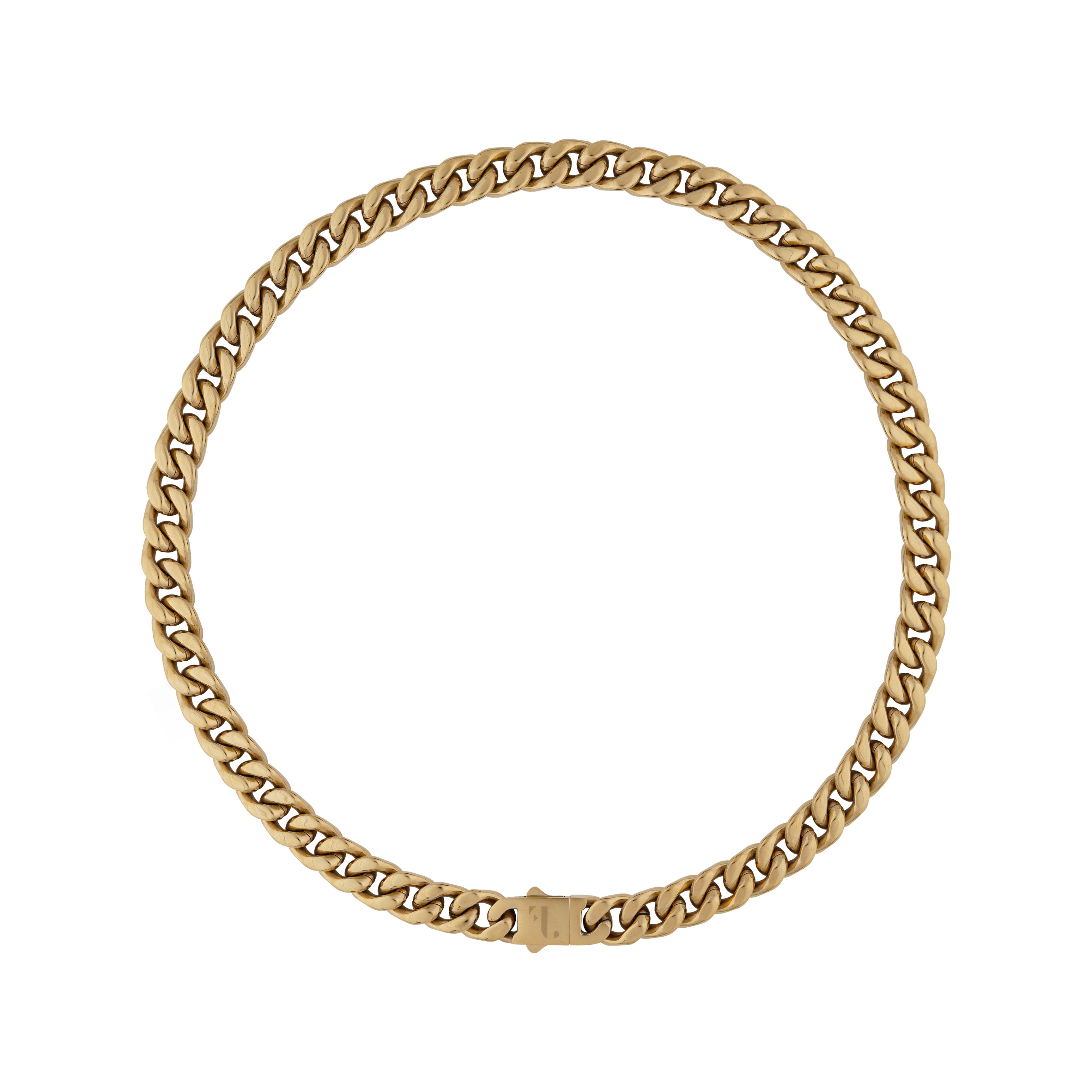 Cass men's necklace by Five Jwlry, designed with a 10mm tightly woven Cuban link chain in a gold hue, crafted from water-resistant 316L stainless steel. Available in sizes 40cm, 45cm, 50cm, 55cm and 60cm. Hypoallergenic and accompanied by a 2-year warranty.