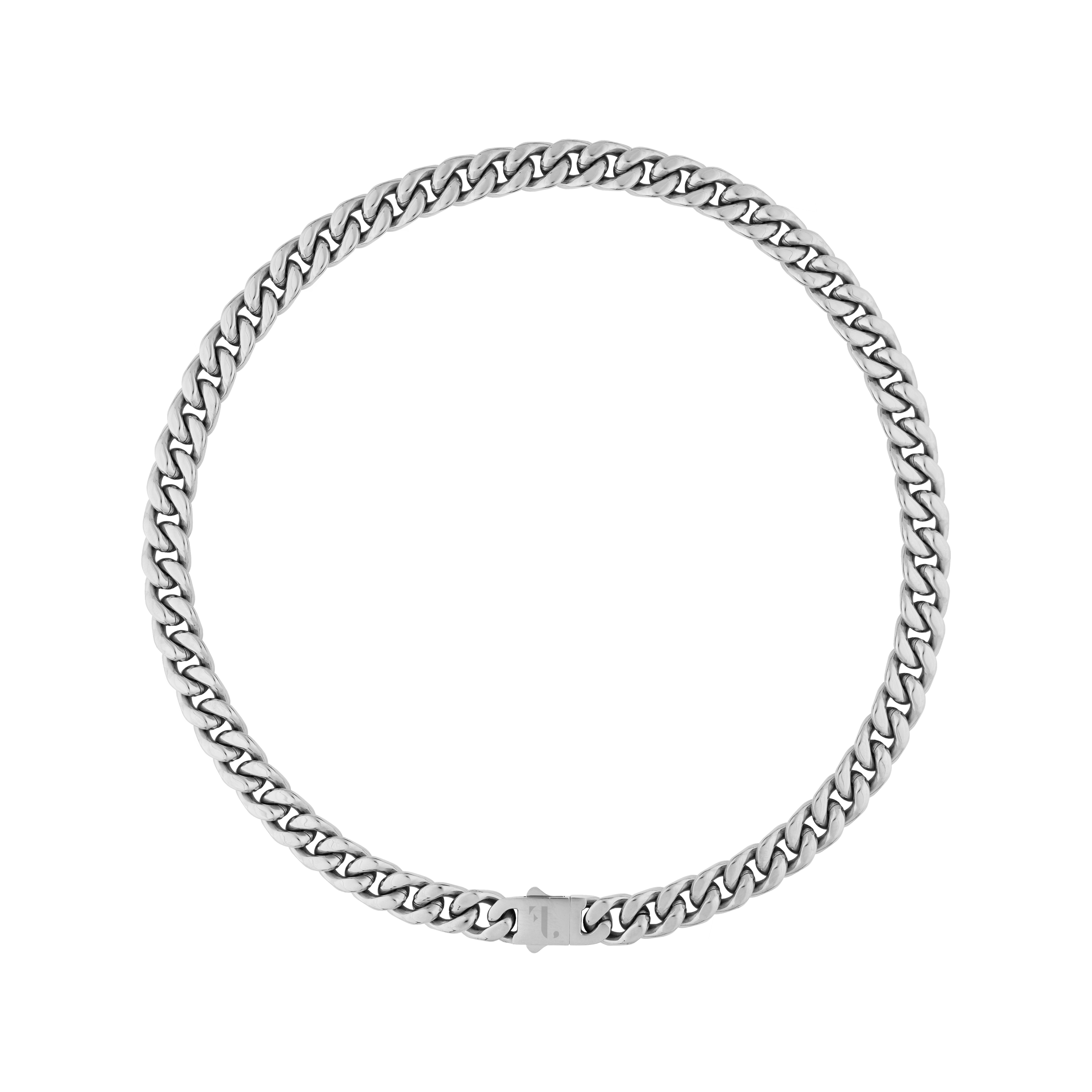 Cass men's necklace by Five Jwlry, designed with a 10mm tightly woven Cuban link chain in a silver hue, crafted from water-resistant 316L stainless steel. Available in sizes 40cm, 45cm, 50cm, 55cm and 60cm. Hypoallergenic and accompanied by a 2-year warranty.