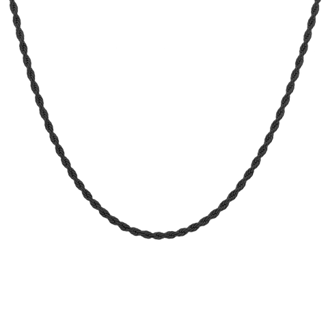 Don men's necklace by Five Jwlry, crafted from a bold 3.5mm French rope twisted chain in black-colored, water-resistant 316L stainless steel. Available in sizes 45cm, 50cm, 55cm and 65cm. Hypoallergenic with a 2-year warranty.