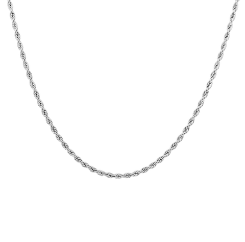 Don men's necklace by Five Jwlry, crafted from a bold 3.5mm French rope twisted chain in silver-colored, water-resistant 316L stainless steel. Available in sizes 45cm, 50cm, 55cm and 65cm. Hypoallergenic with a 2-year warranty.