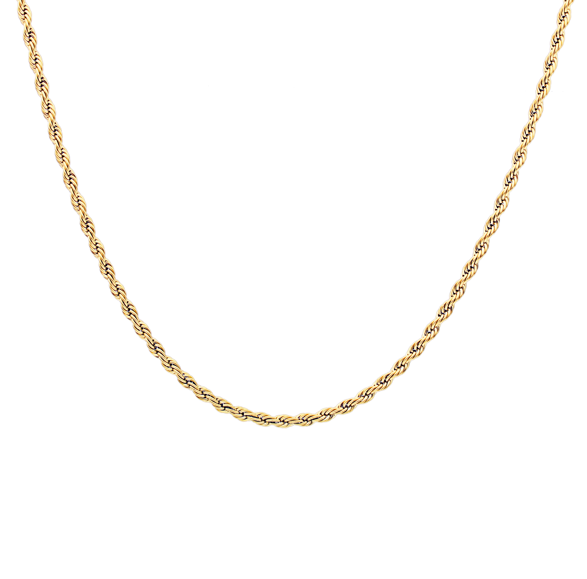 Don men's necklace by Five Jwlry, crafted from a bold 3.5mm French rope twisted chain in gold-colored, water-resistant 316L stainless steel. Available in sizes 45cm, 50cm, 55cm and 65cm. Hypoallergenic with a 2-year warranty.