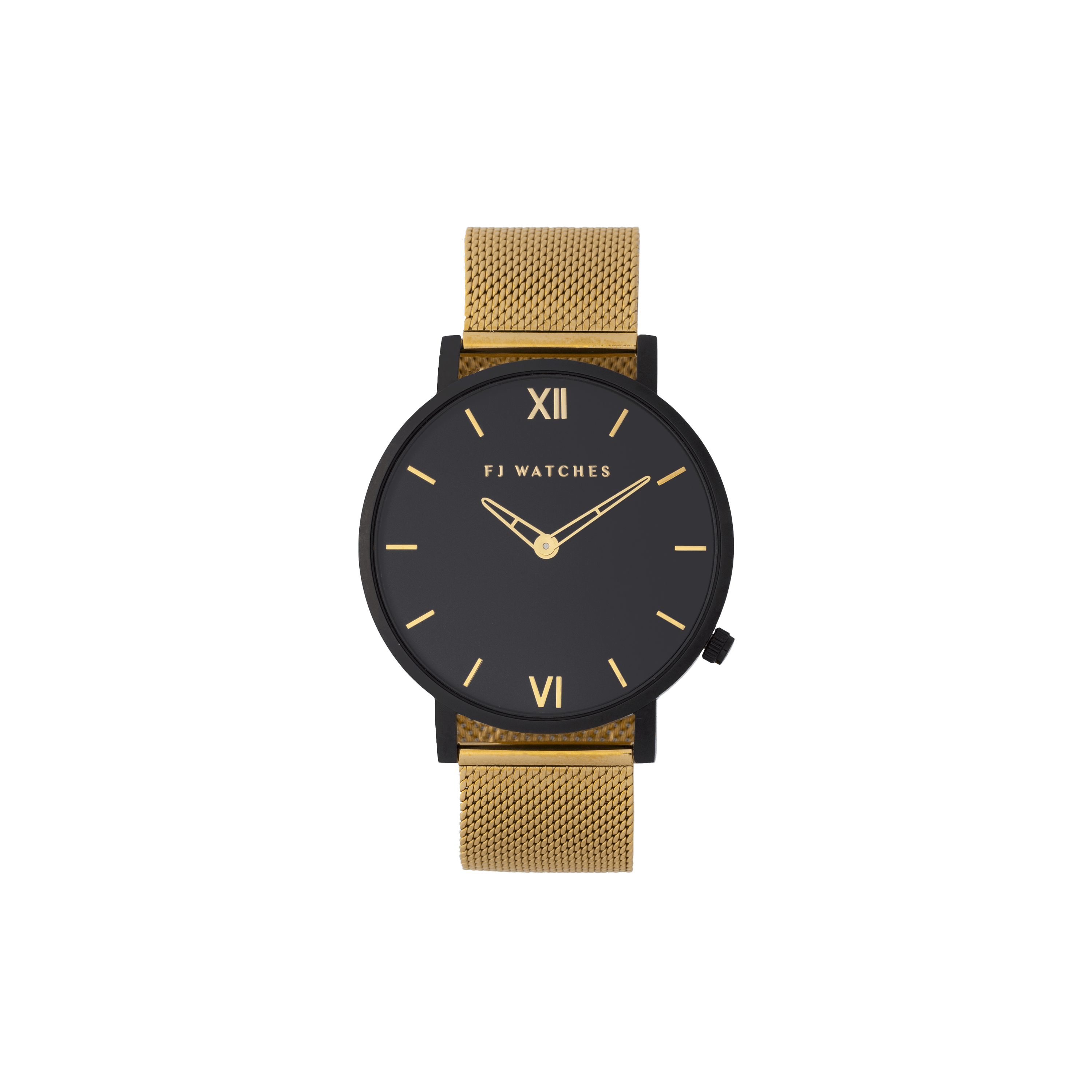 Discover Oro moon, a 42mm men's watch signed Five Jwlry with an all-black dial and gold hands. This one can be paired with a gold or black mesh bracelet!