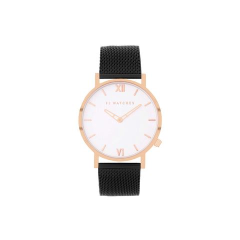Discover Golden Sun, a 36 mm women's watch from Five Jwlry with a white and rose gold dial. This one can be paired with a rose gold or black mesh band!