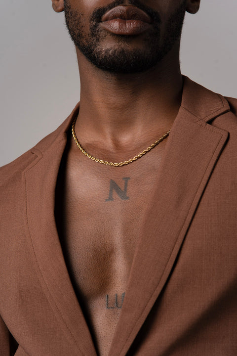 Don men's necklace by Five Jwlry, crafted from a bold 3.5mm French rope twisted chain in gold-colored, water-resistant 316L stainless steel. Available in sizes 45cm, 50cm, 55cm and 65cm. Hypoallergenic with a 2-year warranty.