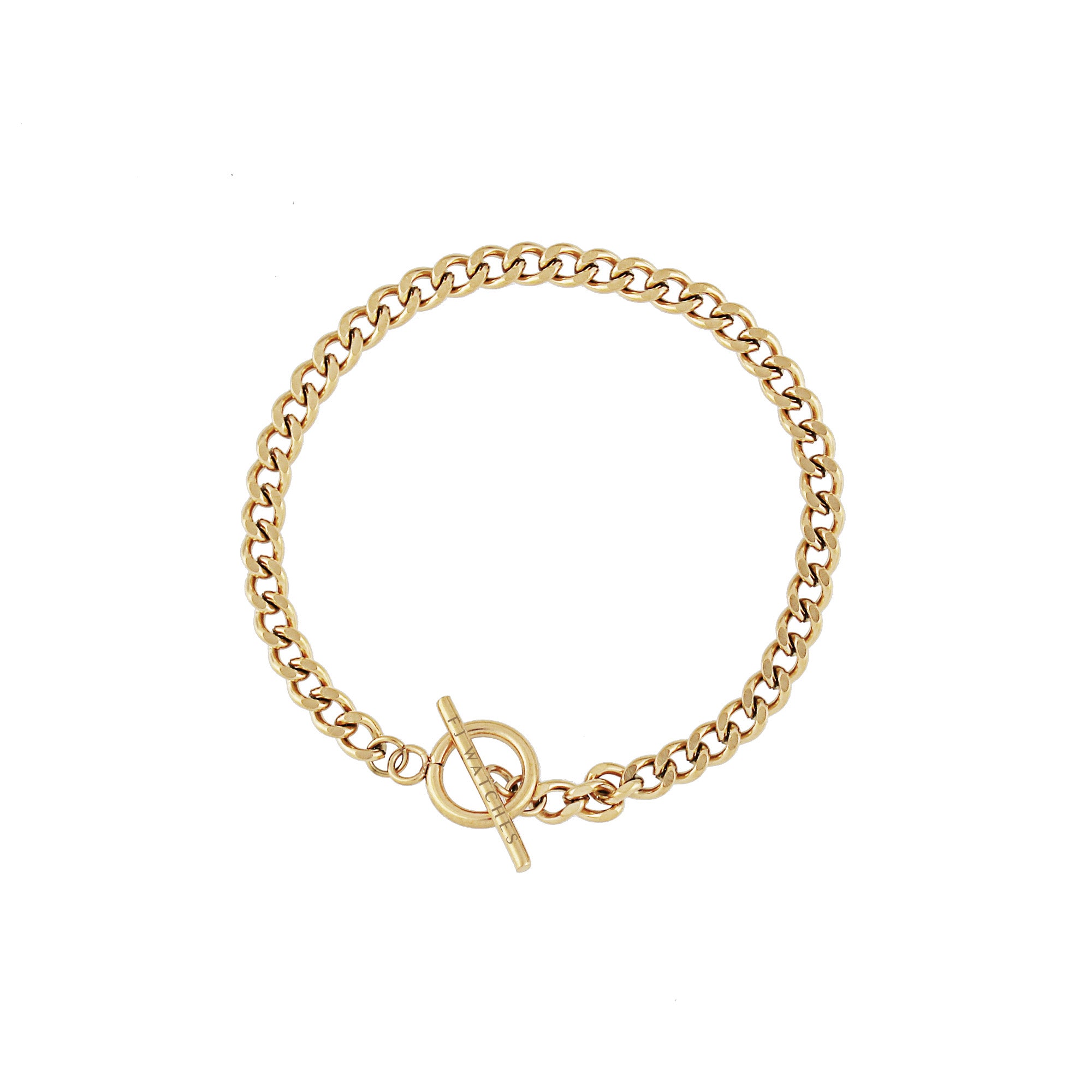 Jucar bracelet from Five Jwlry, designed in Montreal, Canada. Features a Cuban chain link in gold-colored, ultra-resistant 316L stainless steel with a distinctive circular toggle clasp closure.