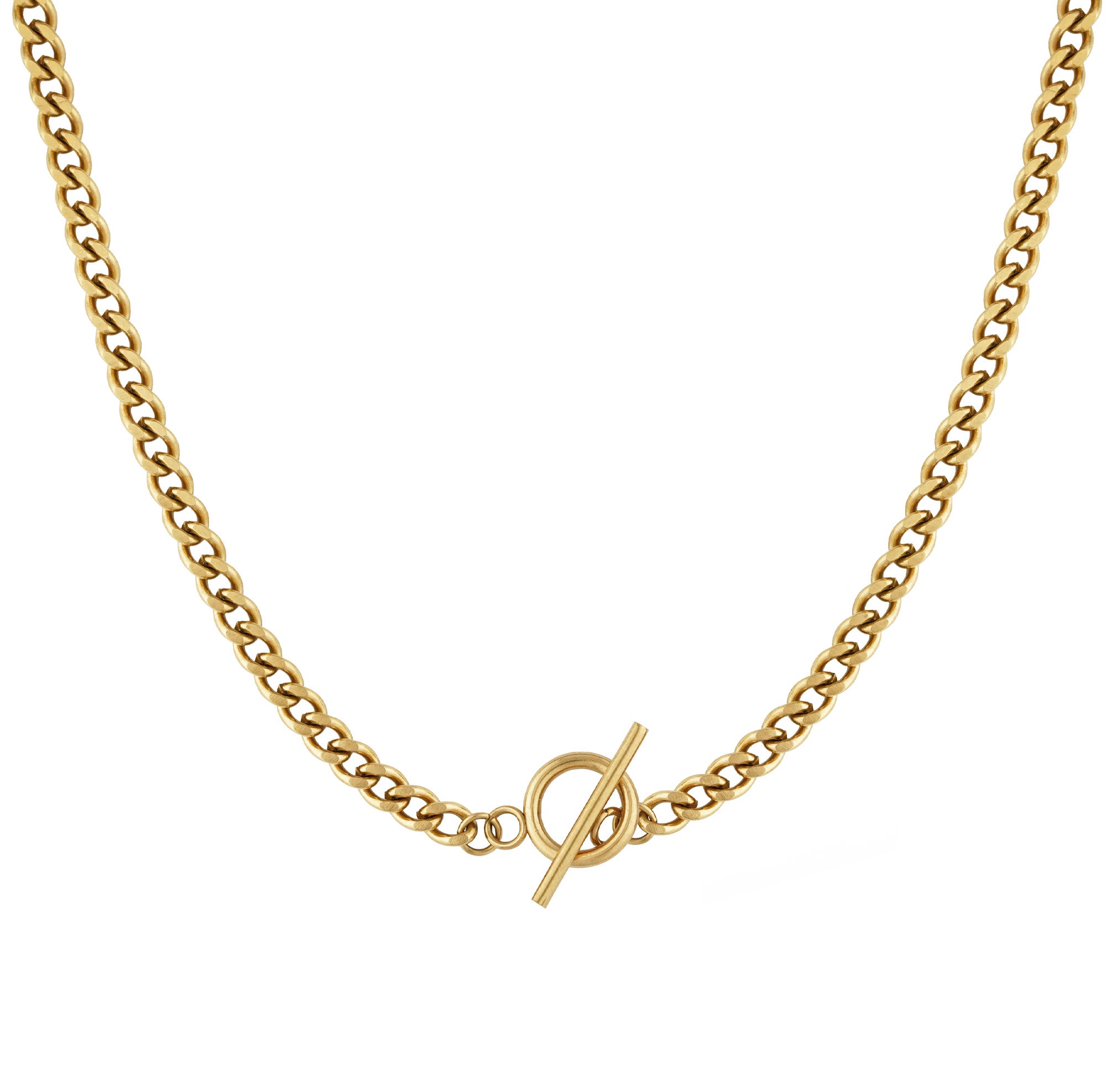 Jucar necklace from Five Jwlry, designed in Montreal, Canada. Features a Cuban chain link in gold-colored, ultra-resistant 316L stainless steel with a distinctive circular toggle clasp closure.