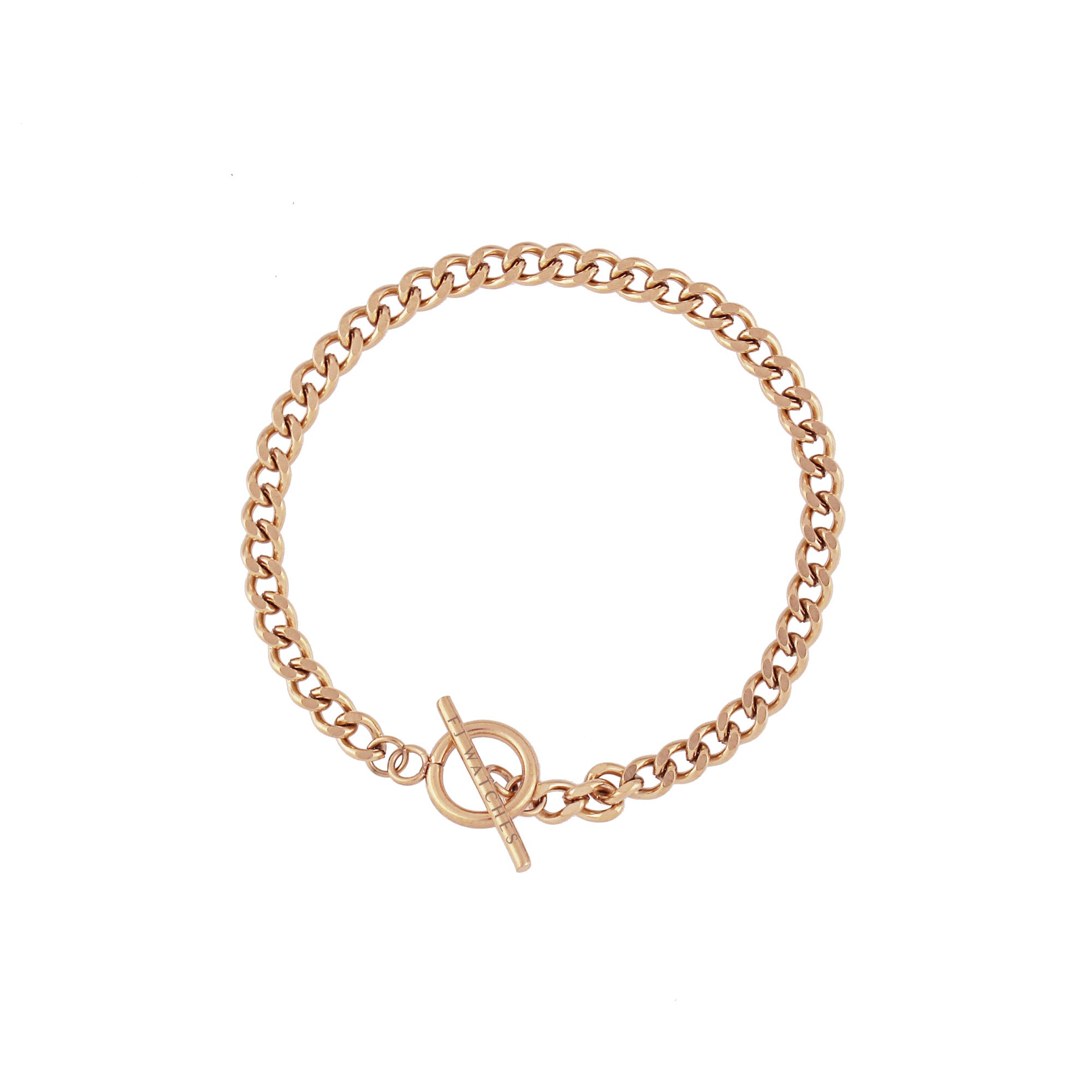 Jucar bracelet from Five Jwlry, designed in Montreal, Canada. Features a Cuban chain link in rose gold colored, ultra-resistant 316L stainless steel with a distinctive circular toggle clasp closure.