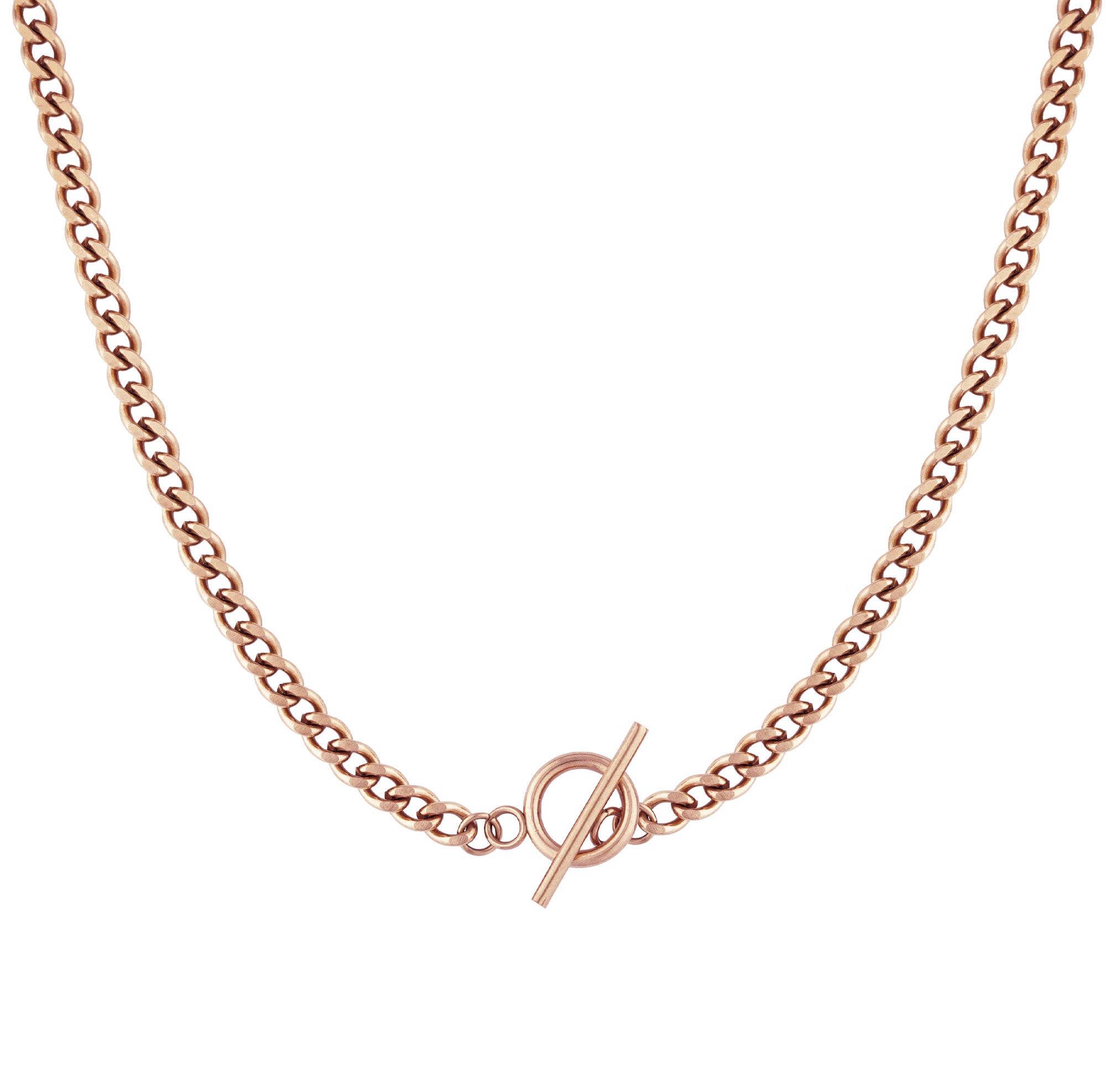 Jucar necklace from Five Jwlry, designed in Montreal, Canada. Features a Cuban chain link in rose gold colored, ultra-resistant 316L stainless steel with a distinctive circular toggle clasp closure.