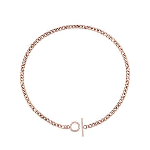 Jucar necklace from Five Jwlry, designed in Montreal, Canada. Features a Cuban chain link in rose gold colored, ultra-resistant 316L stainless steel with a distinctive circular toggle clasp closure.