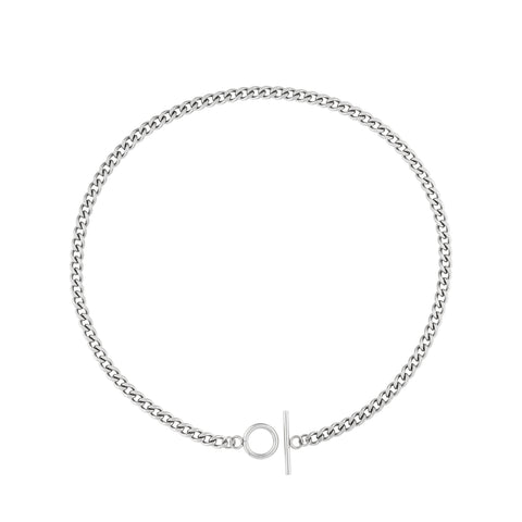 Jucar necklace from Five Jwlry, designed in Montreal, Canada. Features a Cuban chain link in silver-colored, ultra-resistant 316L stainless steel with a distinctive circular toggle clasp closure.