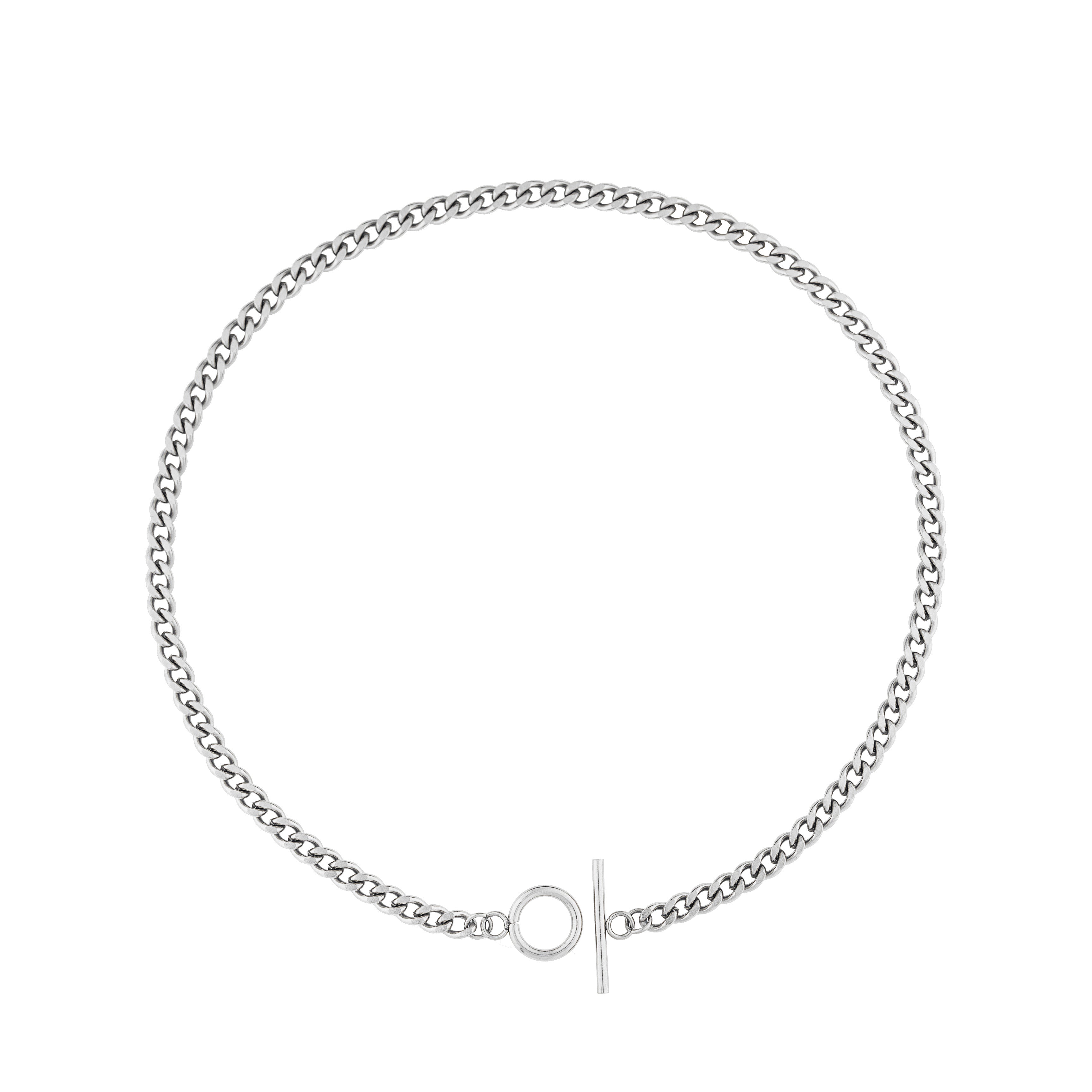 Jucar necklace from Five Jwlry, designed in Montreal, Canada. Features a Cuban chain link in silver-colored, ultra-resistant 316L stainless steel with a distinctive circular toggle clasp closure.
