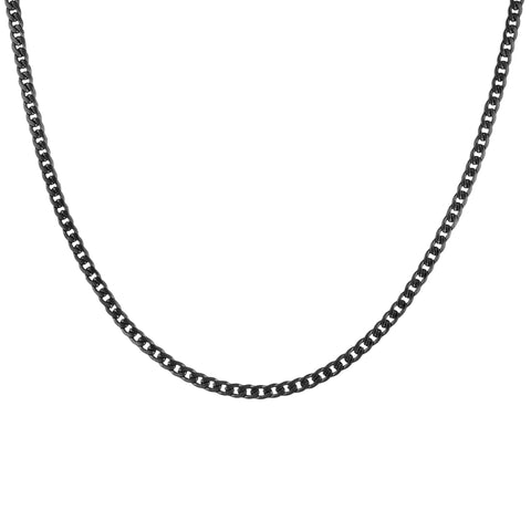 Mirik men's necklace by Five Jwlry, designed with a 4mm flat wide woven Cuban link chain in black color, made from water-resistant 316L stainless steel. Offered in sizes 45cm, 50cm, and 55cm. Hypoallergenic and backed by a 2-year warranty.