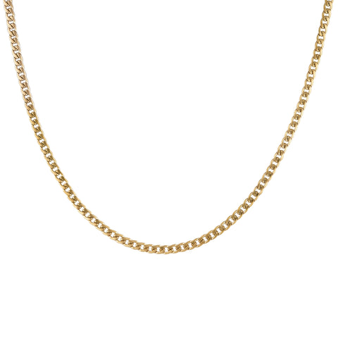 Mirik men's necklace by Five Jwlry, designed with a 4mm flat wide woven Cuban link chain in a gold hue, made from water-resistant 316L stainless steel. Offered in sizes 45cm, 50cm, and 55cm. Hypoallergenic and backed by a 2-year warranty.