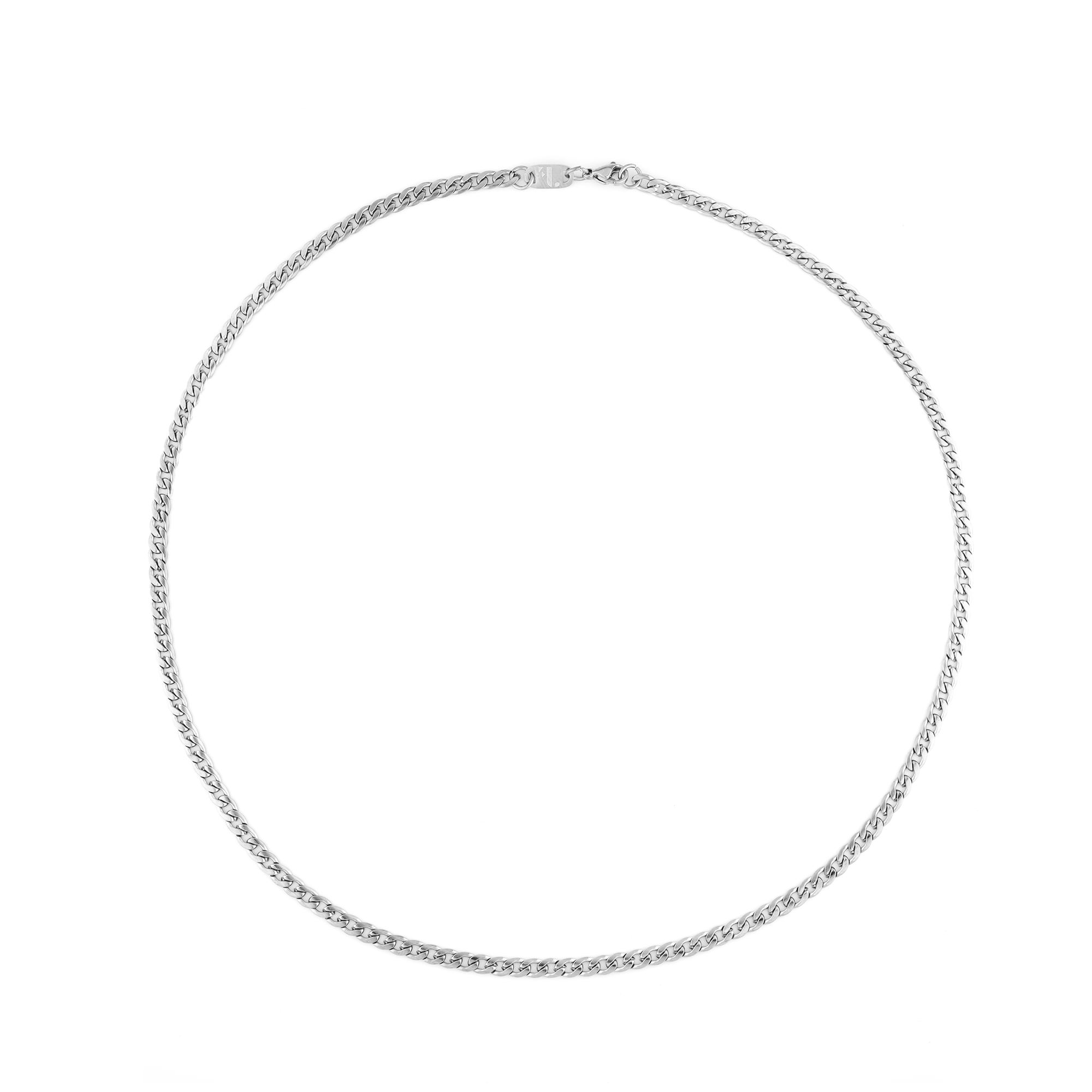 Mirik men's necklace by Five Jwlry, designed with a 4mm flat wide woven Cuban link chain in a silver hue, made from water-resistant 316L stainless steel. Offered in sizes 45cm, 50cm, and 55cm. Hypoallergenic and backed by a 2-year warranty.