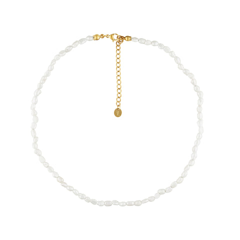 FJ Watches five jwlry jewel jewelry bijou natty var necklace collier white blanc beads billes natural naturel pearls perles small petite 2mm 3mm 37cm 5cm extension ajustable adjustable women water proof eau resistant montreal canada design gold or 14k
