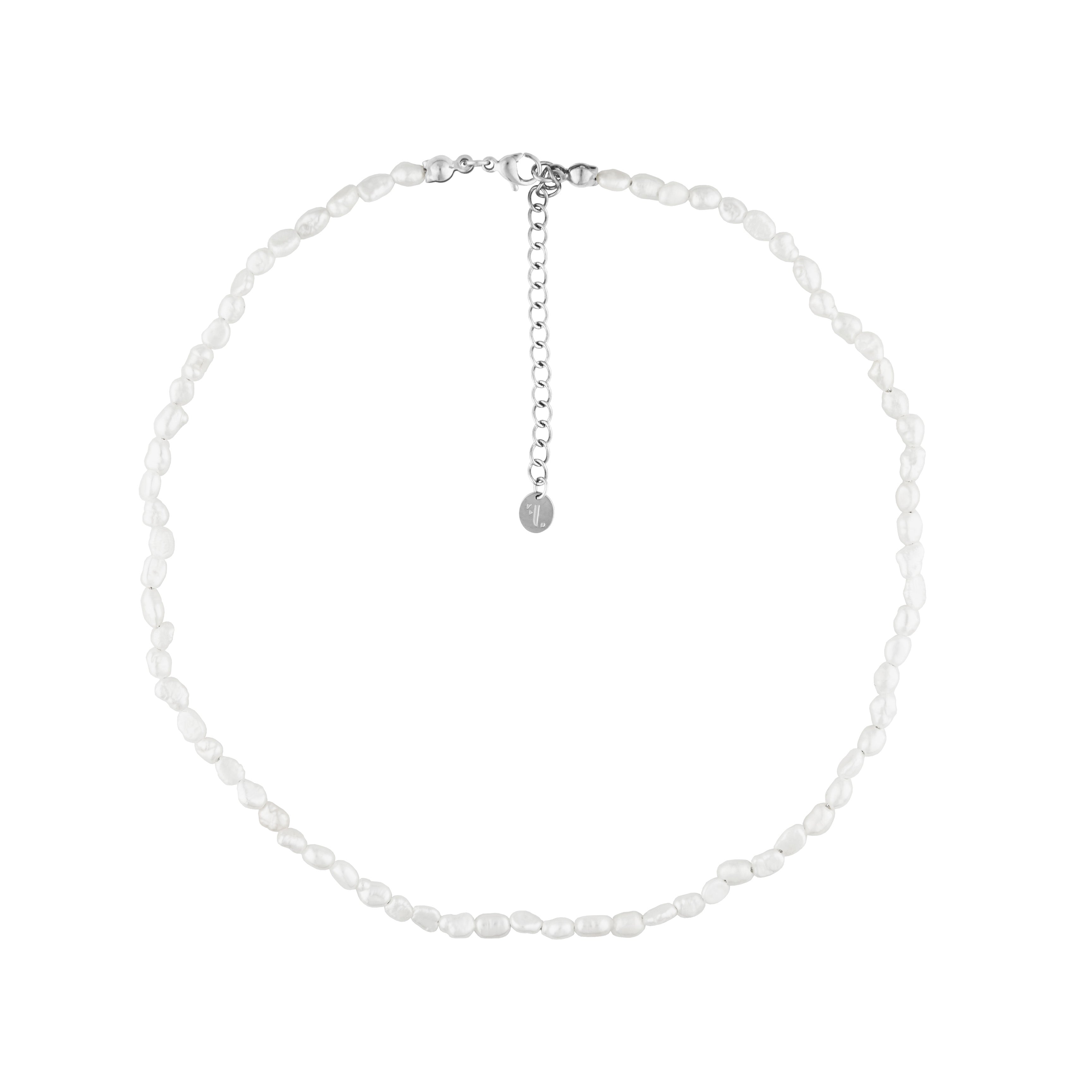 FJ Watches five jwlry jewel jewelry bijou natty var necklace collier white blanc beads billes natural naturel pearls perles small petite 2mm 3mm 37cm 5cm extension ajustable adjustable women water proof eau resistant montreal canada design silver argent