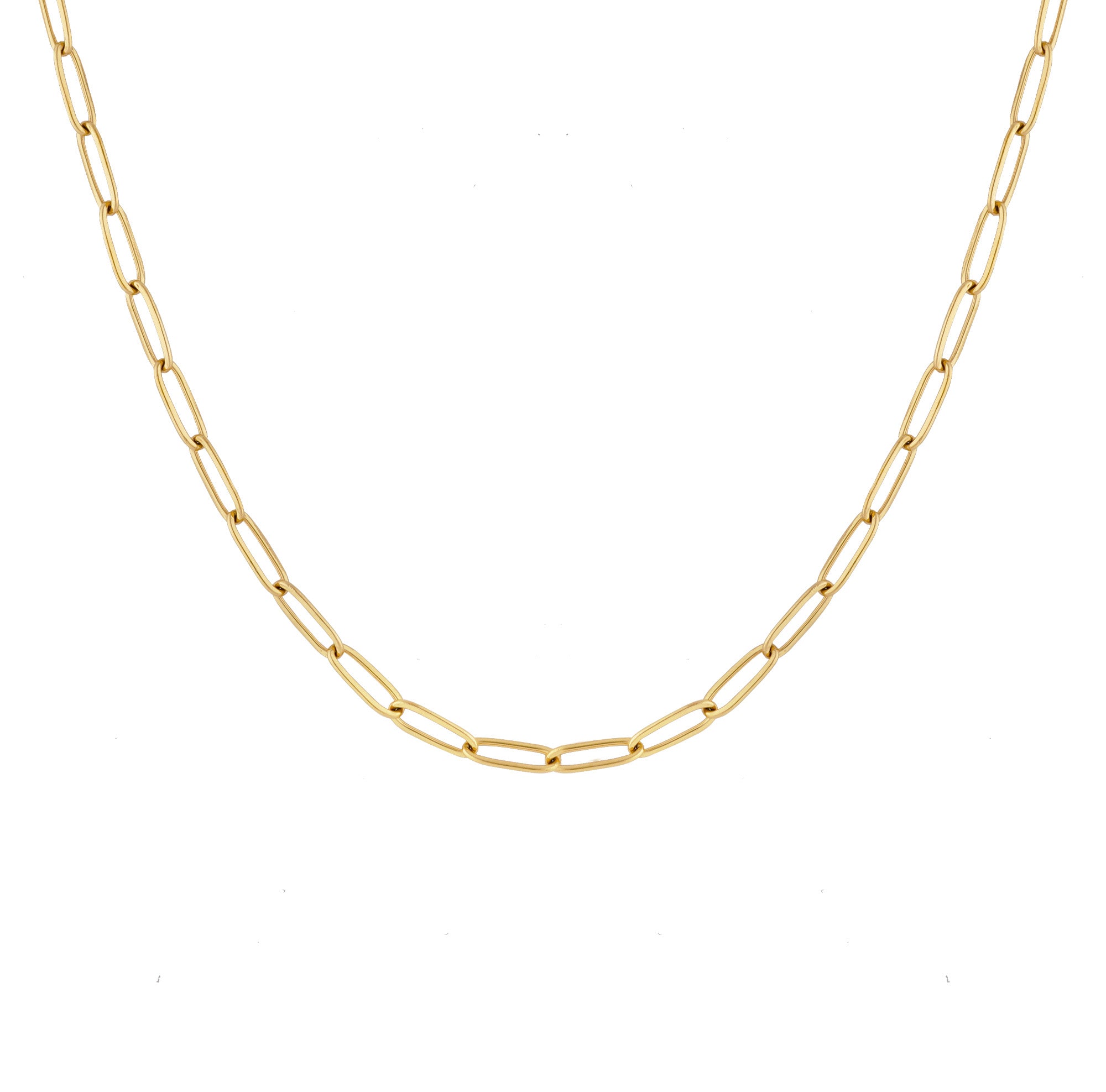 PRAZ men's necklace by Five Jwlry, crafted from a 5mm paperclip chain in gold-colored, water-resistant 316L stainless steel. Available in sizes 45cm, 50cm, and 55cm. Hypoallergenic with a 2-year warranty.