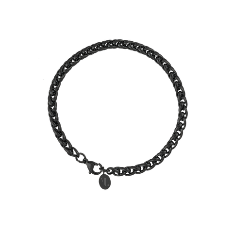 TAGE men's bracelet by Five Jwlry, designed with a 5mm wheat chain inspired by flower basket chains in black-colored, water-resistant 316L stainless steel. Available in sizes 20cm and 23cm. Hypoallergenic with a 2-year warranty.