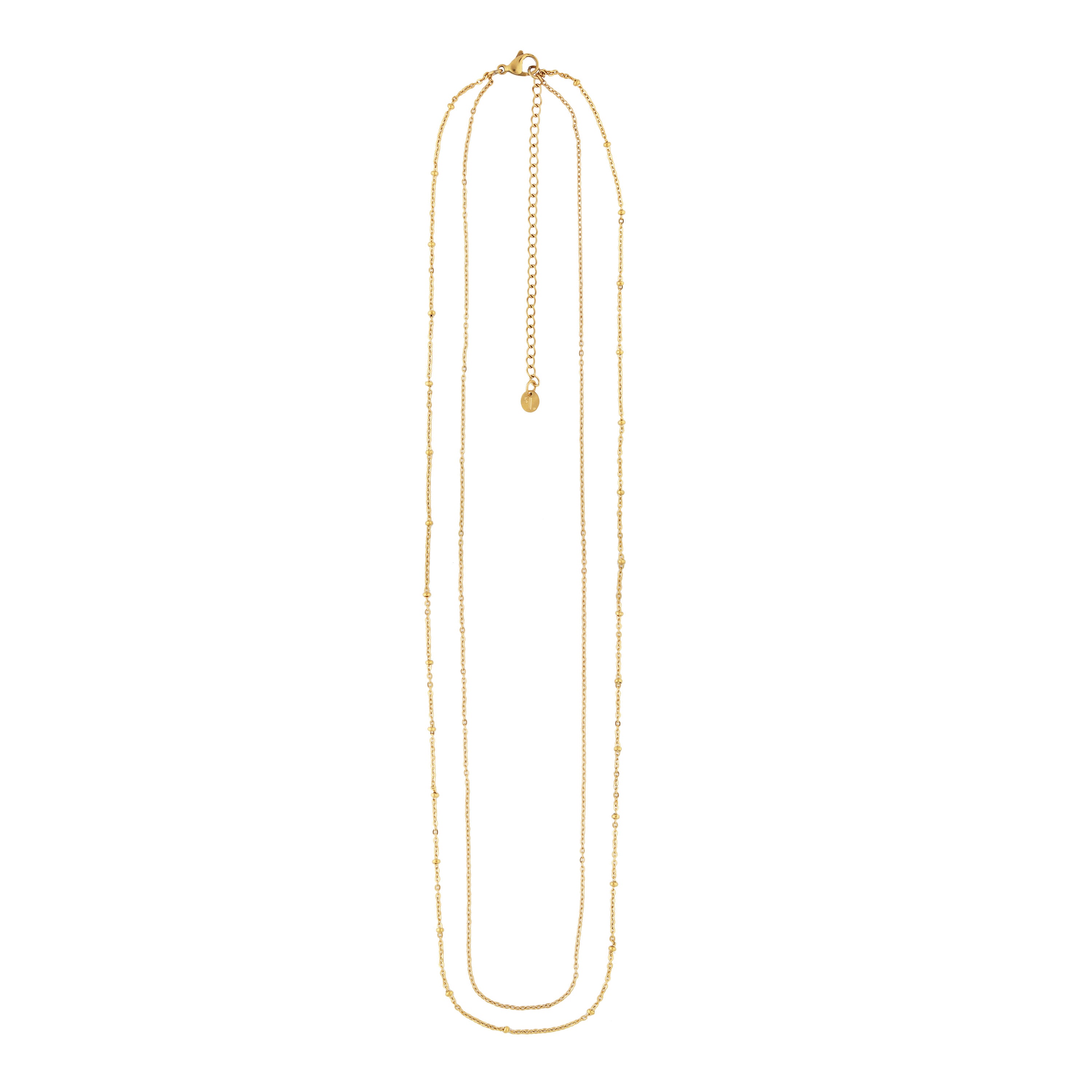 Tavira women's waist chain by Five Jwlry, featuring two layered chains: the first is a thin cable chain and the second is a thin cable chain adorned with a row of beads. Adjustable in size from 68cm to 86cm, in gold-colored, water-resistant 316L stainless steel. Hypoallergenic with a 2-year warranty.