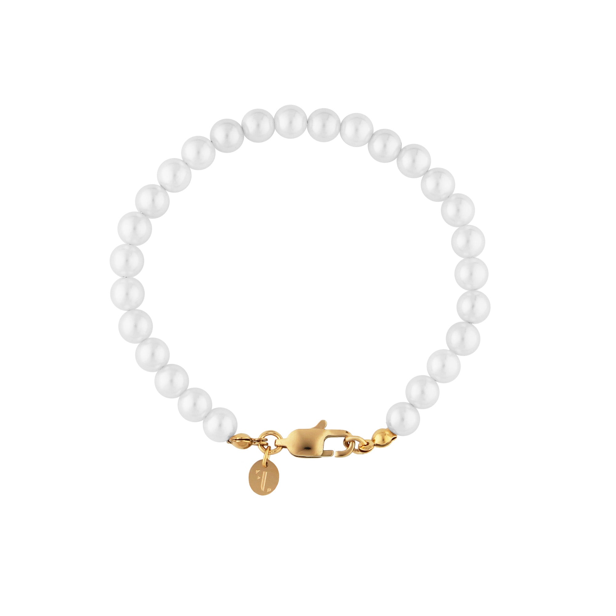 Var women's bracelet by Five Jwlry, designed with white glass pearls complemented by a gold stainless steel buckle. Available in sizes 20cm and 23cm. Crafted from water-resistant 316L stainless steel. Hypoallergenic with a 2-year warranty.