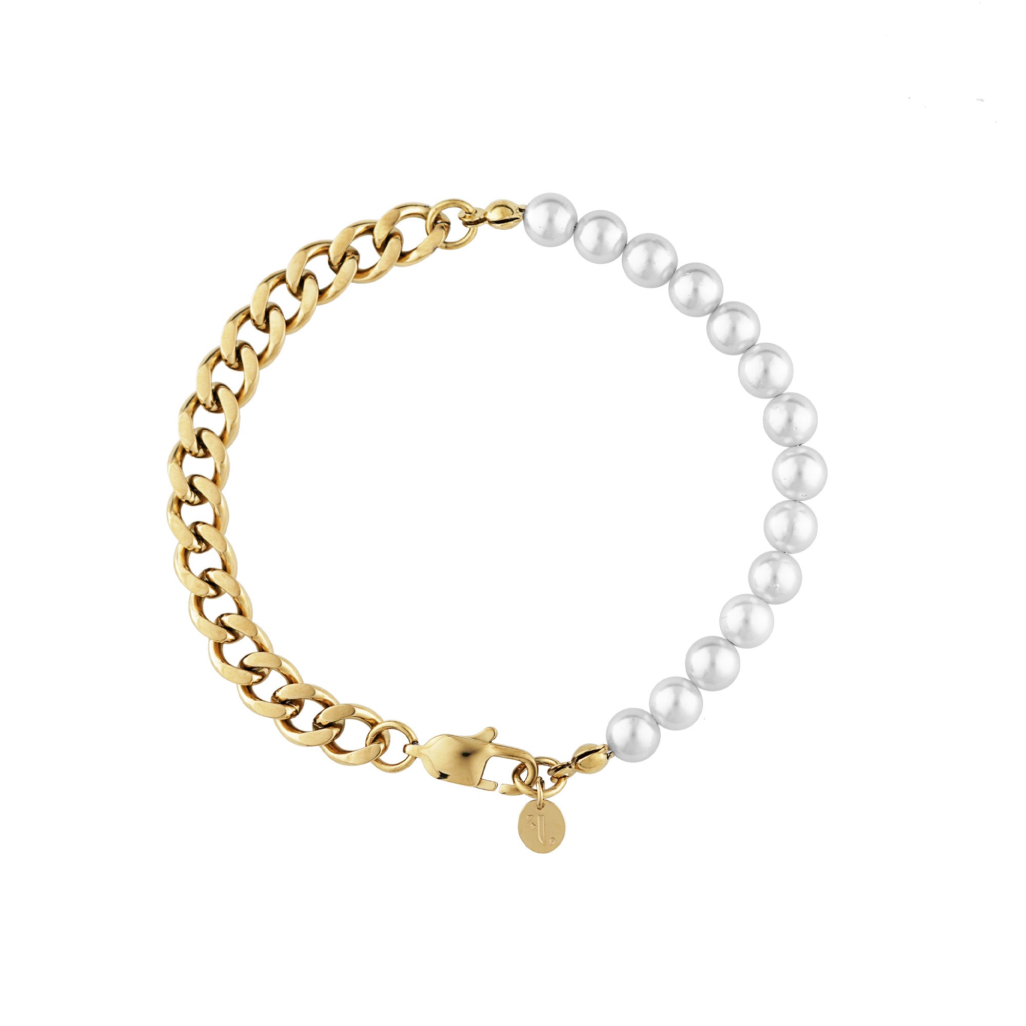 Volga men's bracelet by Five Jwlry, uniquely crafted with a combination of half gold Cuban chain and half white pearls, measuring 20cm or 23cm in length. Made from water-resistant 316L stainless steel. Hypoallergenic with a 2-year warranty.