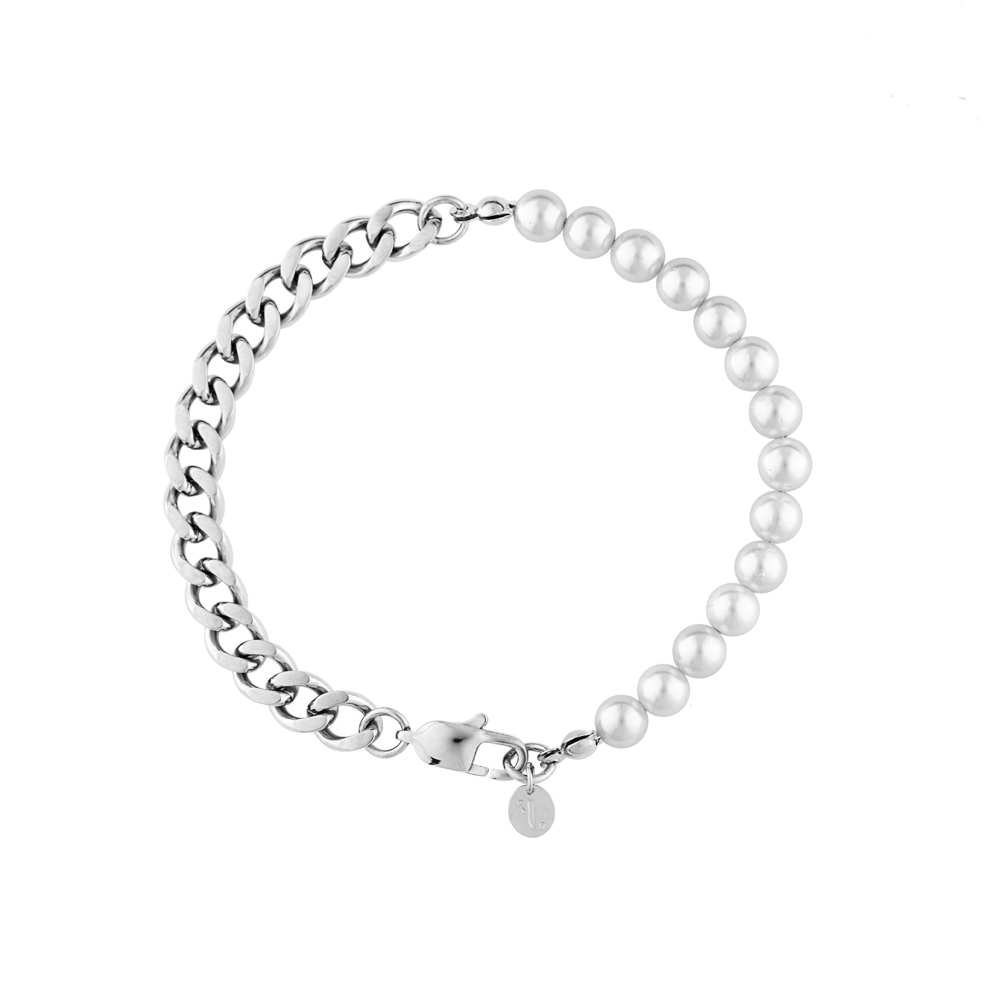 Volga men's bracelet by Five Jwlry, uniquely crafted with a combination of half silver Cuban chain and half white pearls, measuring 20cm or 23cm in length. Made from water-resistant 316L stainless steel. Hypoallergenic with a 2-year warranty.